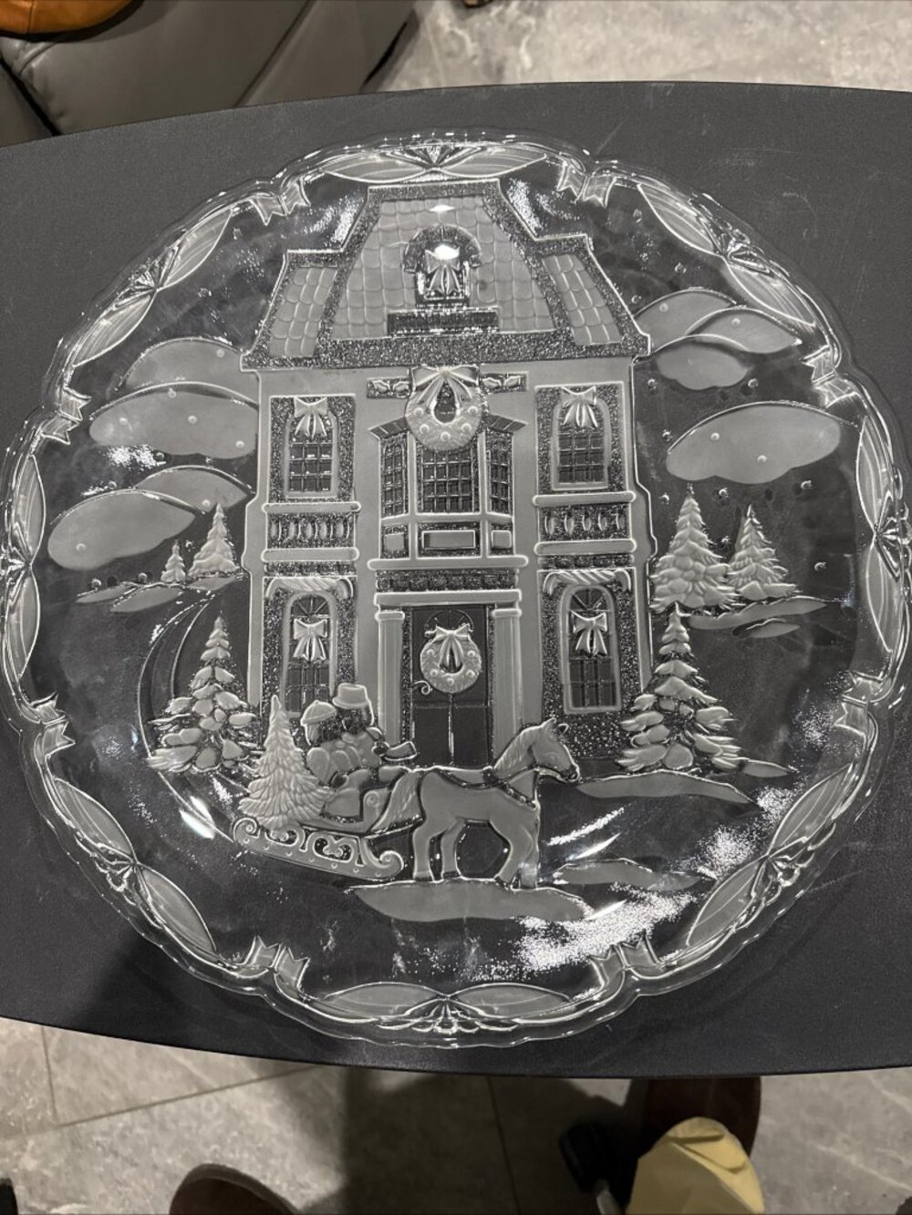Retired -Mikasa WINTER WONDERLAND Clear Crystal House & Sleigh 15" ROUND PLATTER